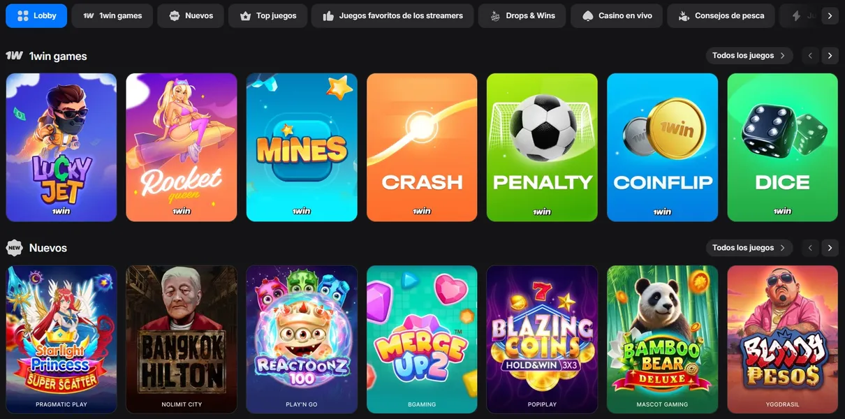 Gran variedad de juegos de casino y proveedores en 1win