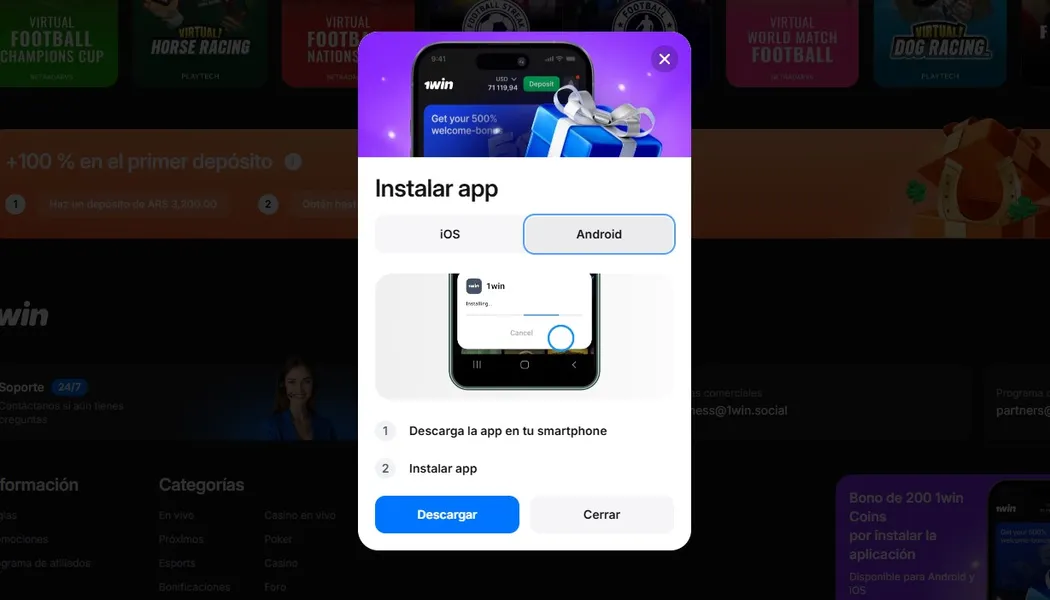 Descargar 1win application en Android
